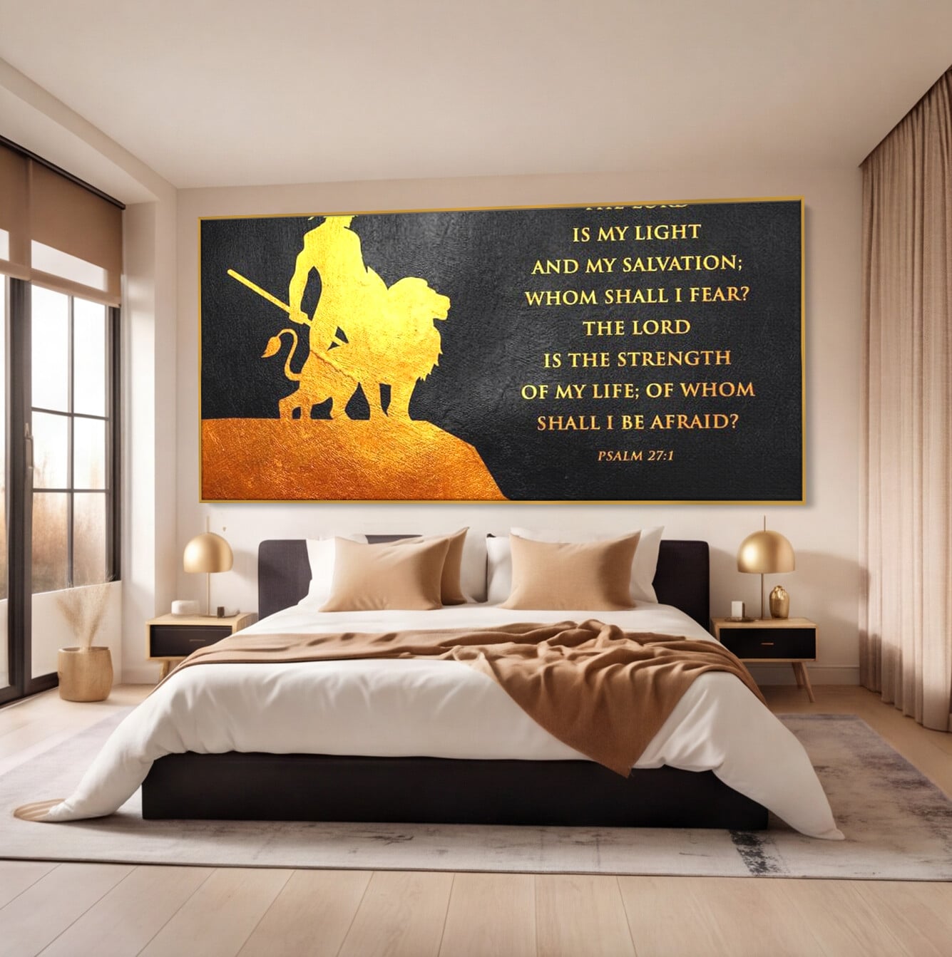 Tablou canvas cu tablou canvas cu razboinic si leu, in rama de aluminiu auriu, pe perete intr-un dormitor